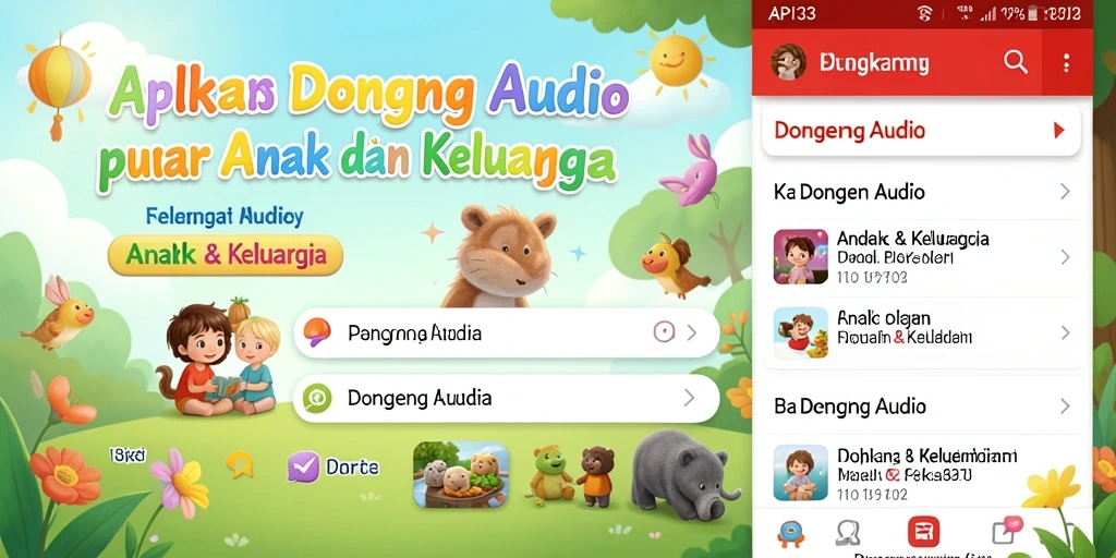 Tampilan antarmuka aplikasi Dongeng Audio yang menarik untuk anak.